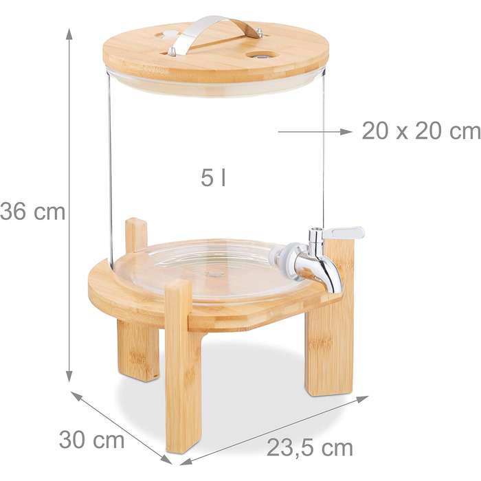 Диспенсер для напоїв Relaxdays, 5 літрів, холодні та гарячі напої, бамбуковий підставник, термометр, посудина для пуншу, прозорий/натуральний