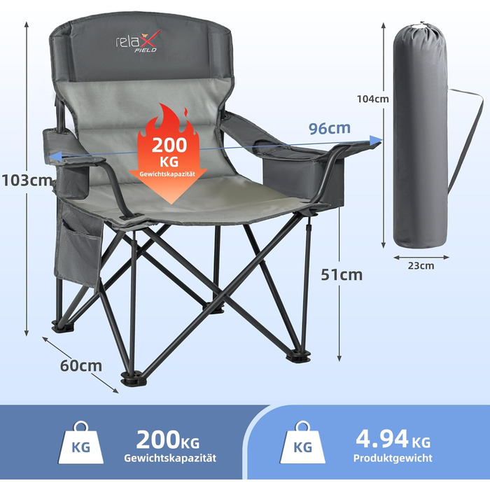 Розкладний стілець для кемпінгу RELAX FIELD 200KG з підстаканником та сумкою-холодильником, рибальський стілець, сірий (2 шт)