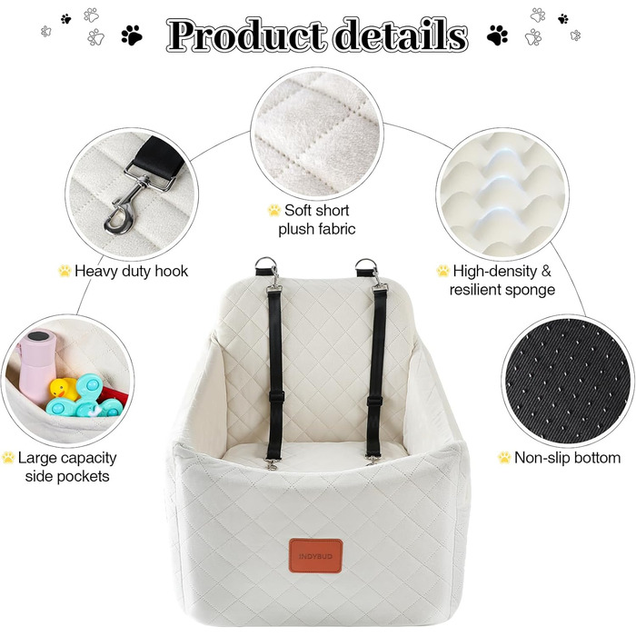 Автокрісло для собак маленьких та середніх порід, з кишенями для зберігання, поводок, посилене автоліжко для собак (білий, середній)