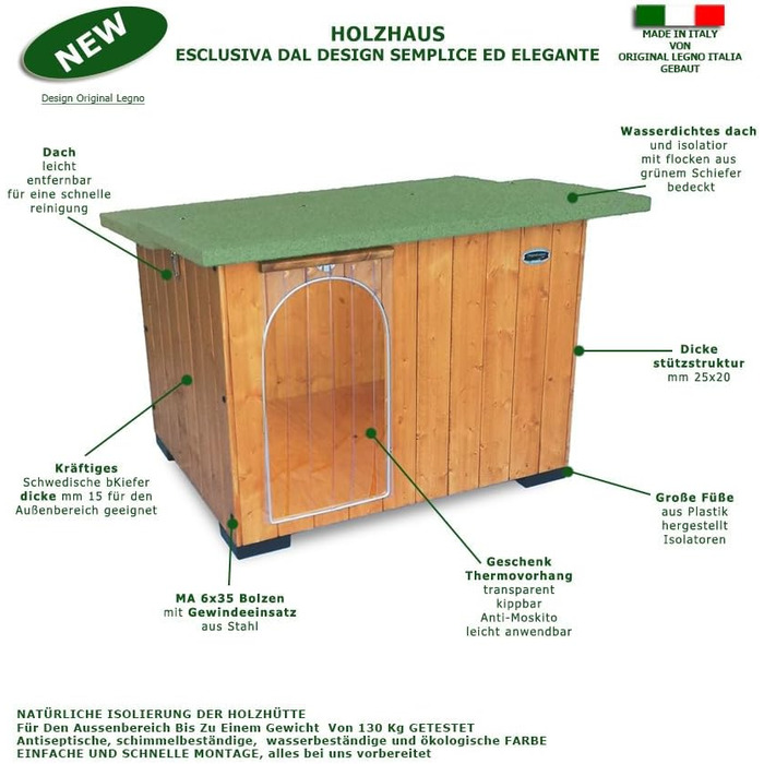 Будка для собак з масивного дерева, термозавіса, для німецької вівчарки (102x88x78) - Made in Italy