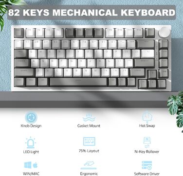 AJAZZ AK820 - Механічна клавіатура з 82 клавішами, Hot-Swap, CNC-регулятор гучності, біле підсвічування, сіро-білий корпус, перемикачі AS, PBT-клавіші, для PC/Win/MAC