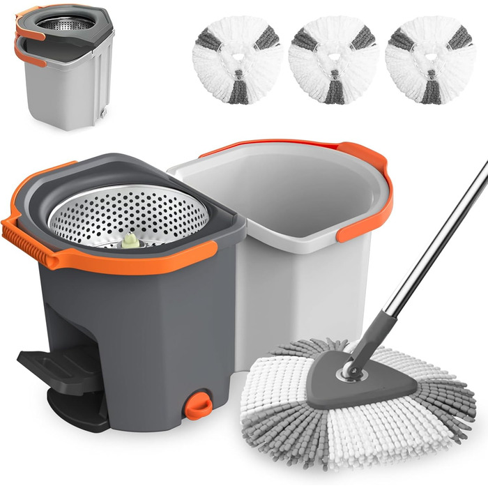 Набір для миття підлоги з відром, моп з функцією віджиму, складне відро з педаллю та 2-камерним відром, повний набір з 3 мікрофібрових насадок для ламінату, паркету та плитки (темно-сірий)