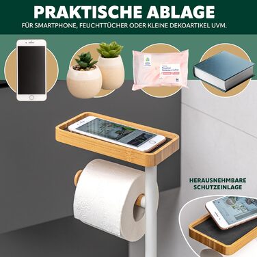 Набір для туалету Eluno 4в1: щітка для унітазу, тримач рулонів, полиця, бамбук/метал (білий)