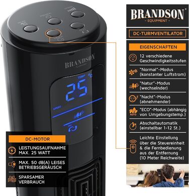 Turmventilator Brandson ECO Silent з DC-двигуном: 12 швидкостей, таймер, пульт ДУ, енергозбереження, колір чорний
