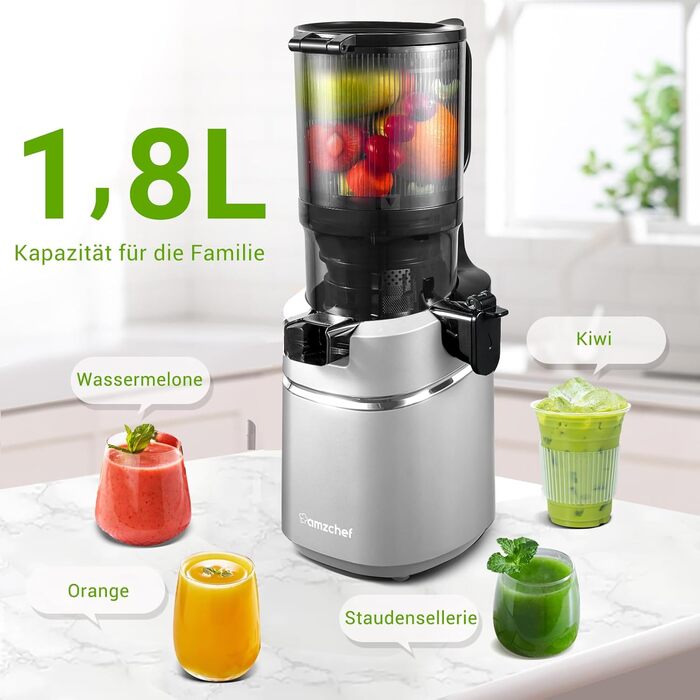 AMZCHEF Automatic All-in-One Juicer, 135MM Opening and 1.8L Juicer for Vegetables and Fruit, 250W Juicer Slow Juicer Test Winner with Triple Filter - Silver