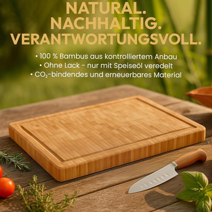 Розкриваюча дошка для нарізання з бамбуку, 100% органічний матеріал, 45 x 30 x 2 см, велика XL дошка – сертифікована FSC® антибактеріальна дошка з бамбуку для кухні (Gourmet Edition - Hirnholz Bambus, 38 x 27 x 3 см)