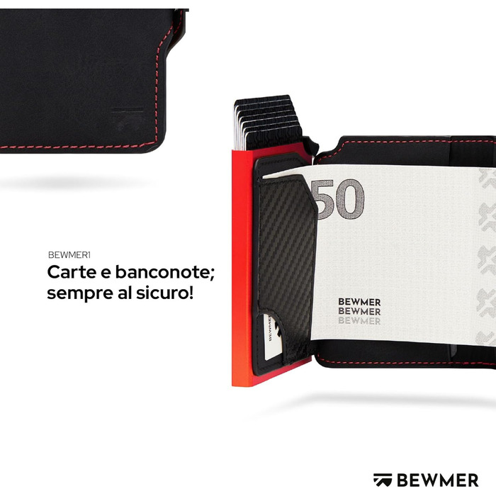 Гаманець-кардхолдер BEWMER з RFID-захистом, карбоновим затискачем для грошей та кишенею на блискавці (Чорний/Червоний)