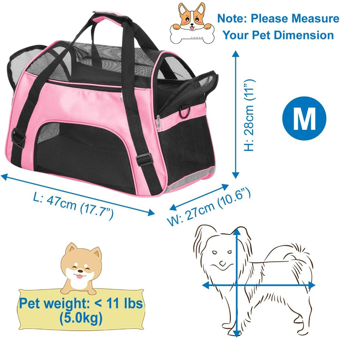 Транспортувальна сумка для тварин (кіт, собака, кролик, хом'як) - 47x27x28 см, до 5 кг, рожева