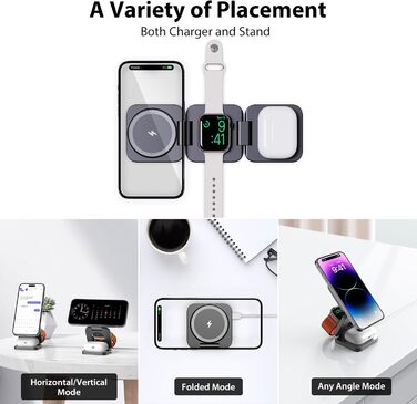 Зарядна станція KU XIU X55 15W MagSafe 3-в-1: для Apple Watch, iPhone 17-12, AirPods + USB-C 30W адаптер, сіра, складана, магнітна