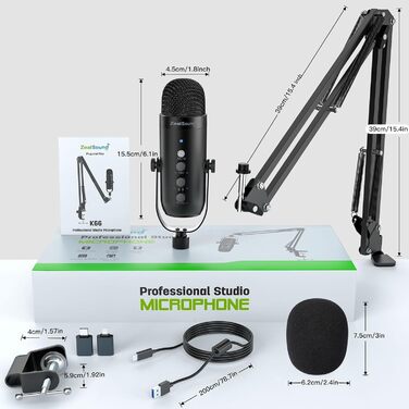 Zealsound USB мікрофон для подкастів та вокалу з шумозаглушенням (чорний) для ПК, телефону, YouTube, PS5, iPhone, Mac. З підставкою-держателем та адаптерами.