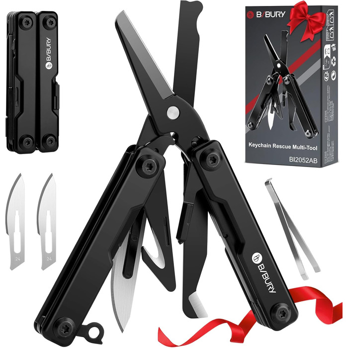 Мультитул BIBURY 10-в-1 з невидимими пінцетами, розбивачем скла, кріпленням для ременя та ножем для різання ременів. Ідеальний для кемпінгу, риболовлі, відпочинку на природі. Міні-інструмент BIBURY, чорний. Чудовий подарунок для жінок та чоловіків.