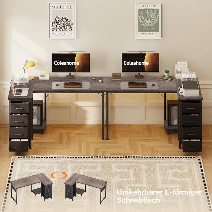 Комп'ютерний стіл Coleshome L-подібної форми 100x70 см з 4 шухлядами, сірий, для офісу, робочого кабінету, спальні