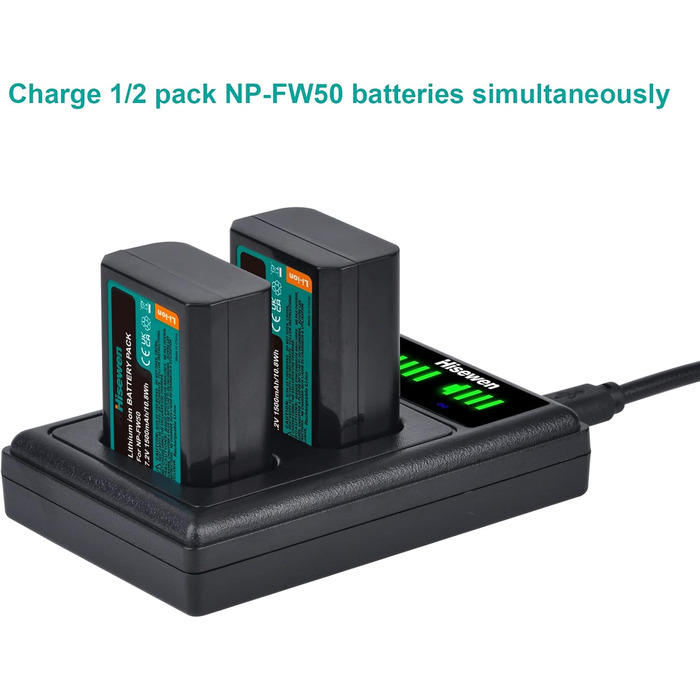 Зарядний пристрій для акумулятора NP-FW50 Hisewen Dual - сумісний з Sony ZV-E10, A6000, A6100, A6300, A6400, A6500, A7, A7 II, A7S, A7S II, A7R, A7R II, NEX-7, NEX-6
