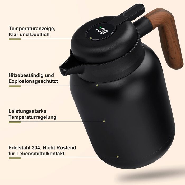 VETIN Thermos Flask with Tea Strainer 1.5L, Double-Walled 304 Stainless Steel Insulated Flask, Tea Pot Thermo with Temperature Indicator, Coffee Pot Thermo 10h Heat/16h Cold