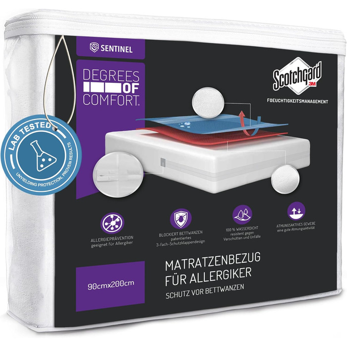 Degrees of Comfort Allergy Cover 90x200 cm Mattress Cover, Waterproof, Dust Mite Cover Anti Dust Mites and Bed Bugs Encasing with Zipper, Comfortable Cotton Surface, Height 13-16 cm