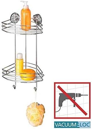 WENKO Vacuum-Loc Corner Shelf 2 Tiers Chrome, Shower Shelf with 2 Levels and 2 Hooks, Drill-Free Attachment with Vacuum, Chrome-Plated Metal, 24.5 x 41 x 16 cm