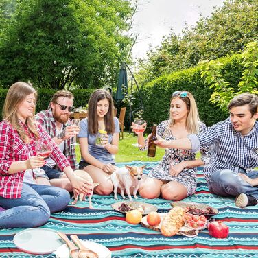 LIFERUN Outdoor Picnic Blanket, 300x300cm, with waterproof backing, Waterproof Picnic Blanket with Carrying Handle, for Camping, Picnic, Hiking, BBQ, Travel Camping Blanket, Green Striped