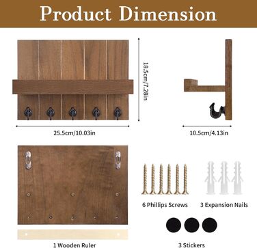Дерев'яне ключове дощечка з полицею, 5 гачків, для прихожої, спальні, вітальні (колір: коричневий)
