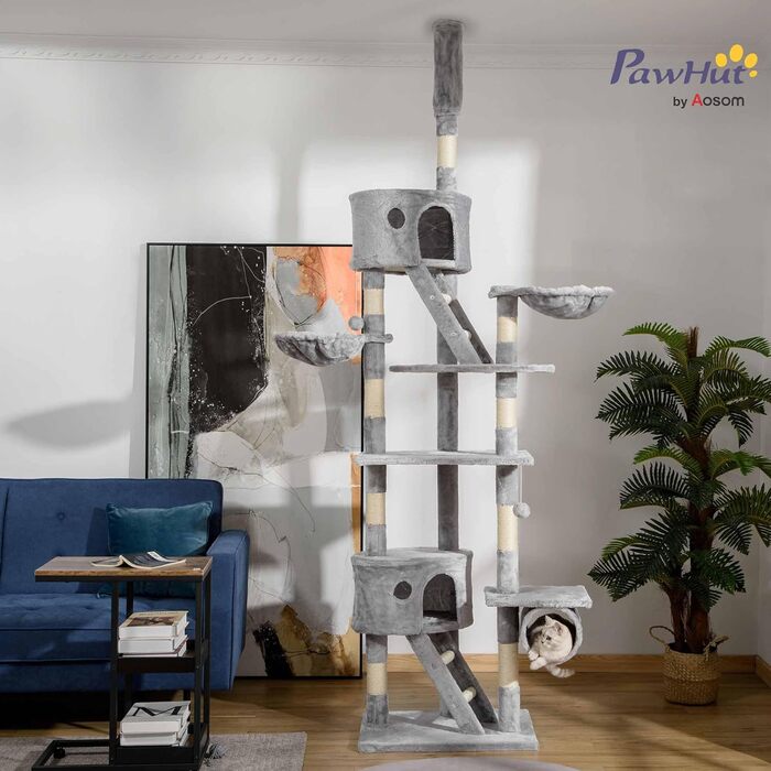Когтеточка PawHut для котів, 240-260 см, багатоповерхова, з гамаком, платформами, сизальними стовпами та м'якими іграшками (сірий)
