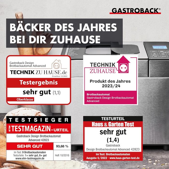 Хлібопечка GASTROBACK Advance - повністю автоматична хлібопекарня з 18 програмами (вкл. йогурт), таймером, відсіком для інгредієнтів, оглядовим вікном, бротавтоматом / хлібопекарня з нержавіючою сталлю, для 1 особи
