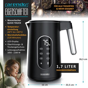 Електричний чайник Arendo з регулюванням температури, нержавіюча сталь, подвійні стінки Cool Touch, дисплей, бездротовий, 2200 Вт, 1,7 л, захист від перегріву, функція підтримання тепла, чорний