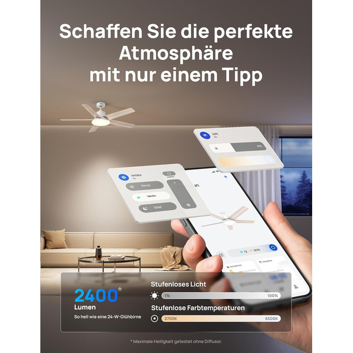 Дрео Смарт стельовий вентилятор з підсвічуванням, 132 см, 12 швидкостей, 3 режими, регульоване LED-підсвічування, тихий DC-двигун, 12H таймер, керування пульт/APP/Alexa, для дому, білий