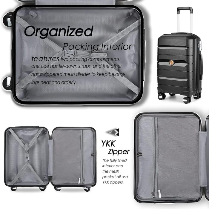 Чохол-валіза Sea Choice з розширенням, ручна поклажа, 4 шт. у наборі, 100% PP, 360° колеса, TSA-замок (Чорний)