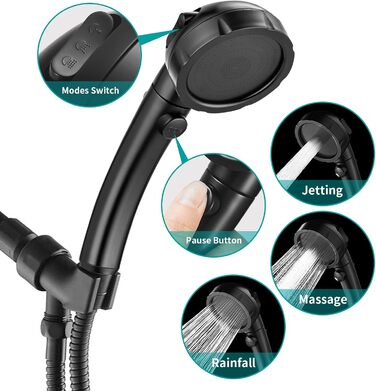 MIAOHUI Modern Handheld Showerhead with On/Off Switch, High-Pressure Showerhead with Handheld, 3 Spray Settings, Detachable Showerhead with Hose, Adjustable Angle Shower Holder (Brushed Nickel) (Black)