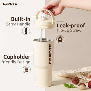 CAROTE Stainless Steel Water Bottle with Straw 960ml, Vacuum Thermos Bottle with Flexible Lid, Leak-Proof, BPA-Free, Double-Walled Insulated Bottle for Hot and Cold Drinks (White)
