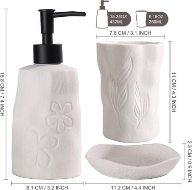 4-Piece Bathroom Accessories Set, Ceramic Bathroom Accessories Set with Soap Dispenser, Soap Dish, Toothbrush Holder, Elegant Matte Bathroom Set with Embossed Details, White