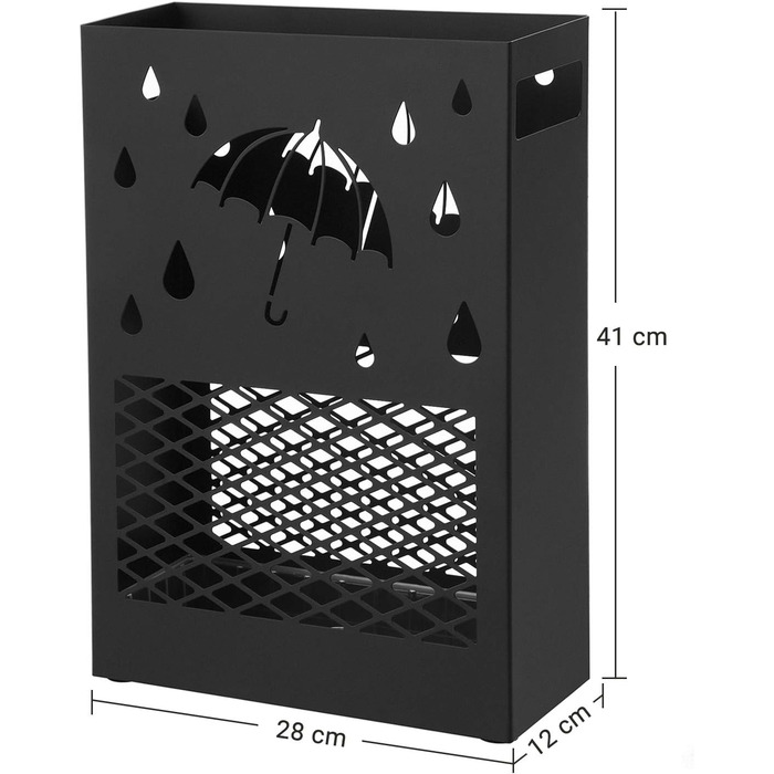 SONGMICS Metal Umbrella Stand with Water Tray, 4 Hooks, Cutout Design - Black for Entryway & Office