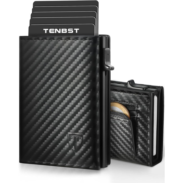 Чоловічий гаманець TENBST - картхолдер ультратонкий з RFID захистом, 10 відділень для карток, вікно для ID, преміум карбон, чорний