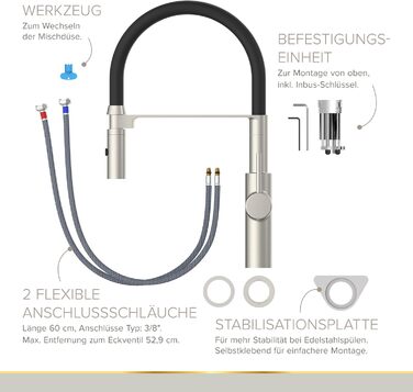 Кухонний змішувач Lenz NALU нікель-матова поверхня, висувна насадка, 2 режими, економія води, антифотковідбиток, монтаж зверху, артикул 46070422