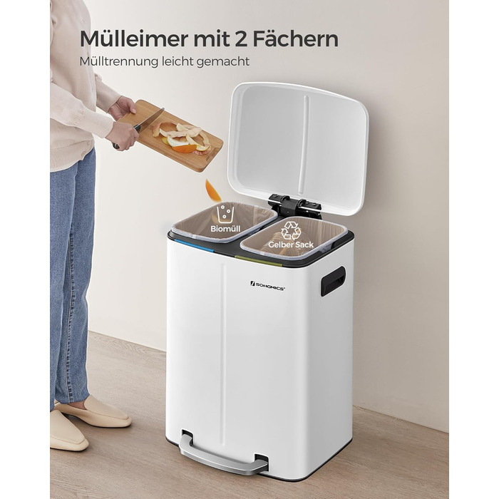 SONGMICS Відро для сміття 40 л з 2 відсіками (2 x 20 л), з педаллю, з металу, з пластиковим внутрішнім відром, з кришкою та ручками, Softclose, герметичне, біле LTB40WT