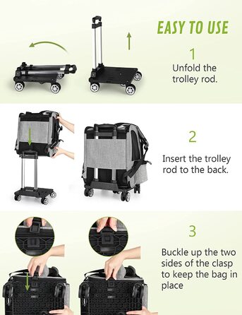 Pecute Rolling Backpack for Dogs and Cats, Dog Trolley Cat Carrier with Mesh Window, Foldable Travel Bag, Lightweight Dog Stroller, Grey