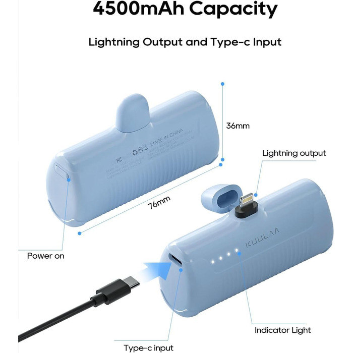 Портативний зарядний акумулятор Power Bank 4500mAh з швидкою зарядкою PD для iPhone 14/13/12/11/XS/XR/X/8/7/6 (блакитний)