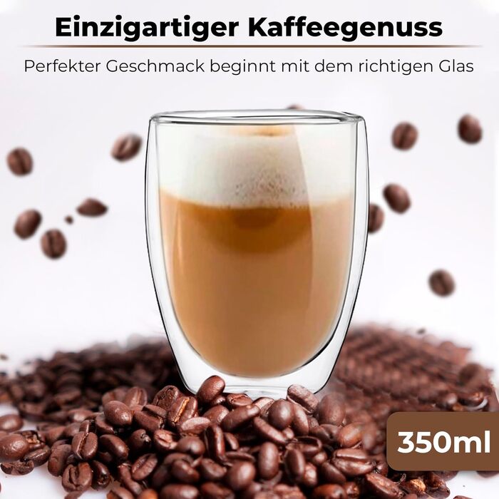 Набір склянок для лате макіато Zobel 350 мл (4 шт.) з ручкою, подвійні стінки, боросилікатне скло, з підставками та ложками, придатні для миття в посудомийній машині та термостійкі