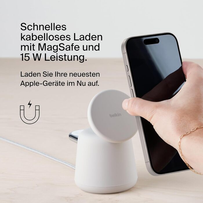 Беспроводная зарядная станция Belkin BoostCharge Pro 2-в-1 Qi2 15W MagSafe для iPhone, Apple Watch, AirPods (пісочний)