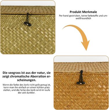 Woven Rattan Storage Basket, Storage Box with Lid, Seagrass, Laundry Baskets, Makeup Organizer for Bathroom, Living Room, Kitchen (XL)