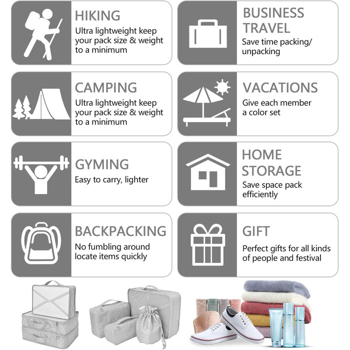 Органайзери для валіз: 8 комплектів, 7 кольорів. Організатори для подорожей, мішки для взуття, компресійні мішки. Сірий колір.