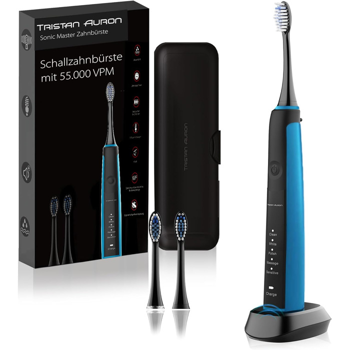 Електрична зубна щітка Tristan Auron Sonic Master (Чорний) – 55 000 VPM, 5 режимів, 60 днів роботи від акумулятора, з етиуі та 6 насадок