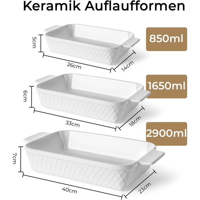 Набір форм для запікання Miamio Palmanova (3 шт.) з кераміки, прямокутні, 850 мл, 1650 мл, 2900 мл. Підходять для тірамісу, лазаньї. Можна мити в посудомийній машині та використовувати в духовці.