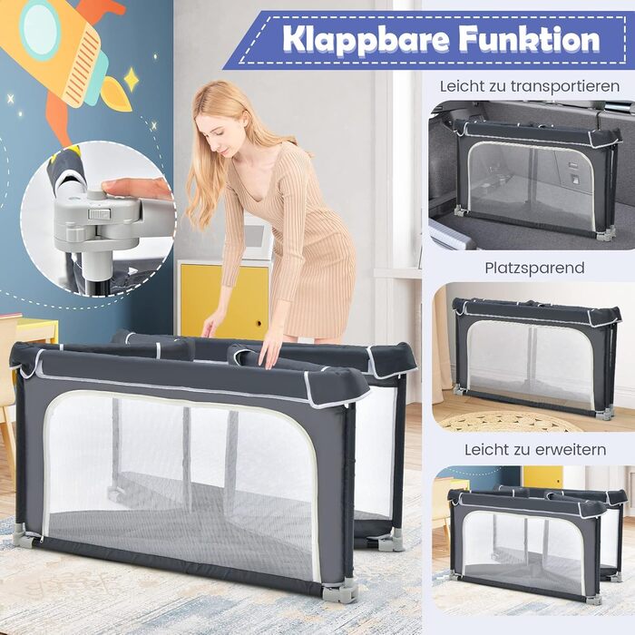 COSTWAY 124 x 124cm Baby Playpen, Foldable, Portable Playard with 50 Balls, 4 Grips, Locking Function, Crawling Gate with Net Walls & Door, Playpen Tent for Infants & Children (Dark Grey)