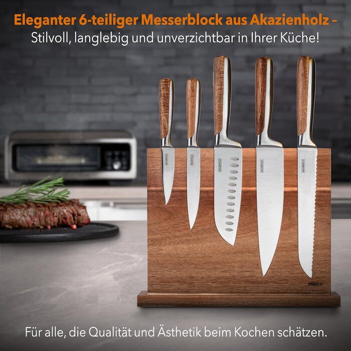 Baumfeld 6-Piece Knife Block Set - Premium Stainless Steel Kitchen Knives with Acacia Wood Magnetic Block - Professional Chef Knife Set