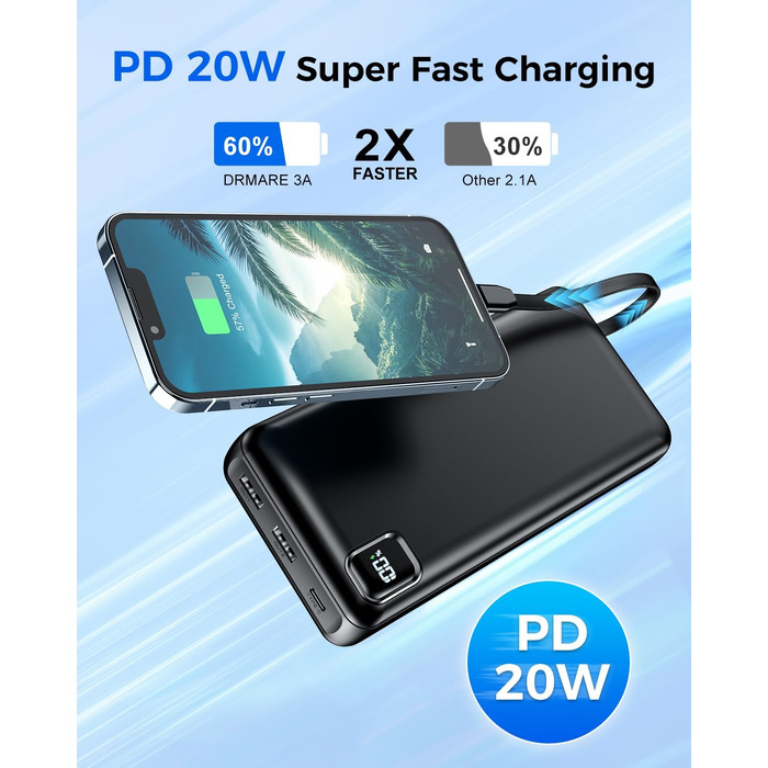 Повербанк Powerbank 50000mAh P500C з вбудованими кабелями та LED-дисплеєм, швидка зарядка USB-C, зовнішній акумулятор для iPhone, Android та планшетів, чорний