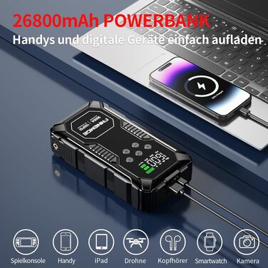 Пусковий пристрій FNNEMGE Powerbank 26800mAh 9000A з компресором 160PSI для авто 12В (бензин та дизель до 12.0л), бустер з USB-портом, LED-ліхтарем та LCD-дисплеєм
