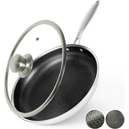 Сковорода з антипригарним покриттям 24 см з кришкою, нержавіюча сталь, безпечна для здоров'я, сумісна з усіма плитами, посуд без PFOA, срібна