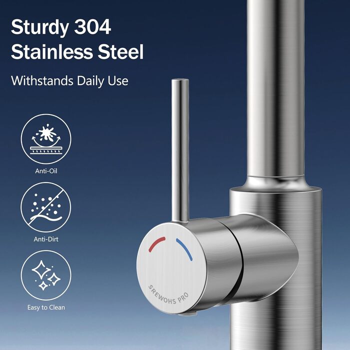Кухонний змішувач SREWOHS PRO з висувним виливом, 360° обертання, 4 режими розпилення, однорідний, високий вилив, ABS-насадка для кухонної мийки, проста установка (сучасний дизайн)