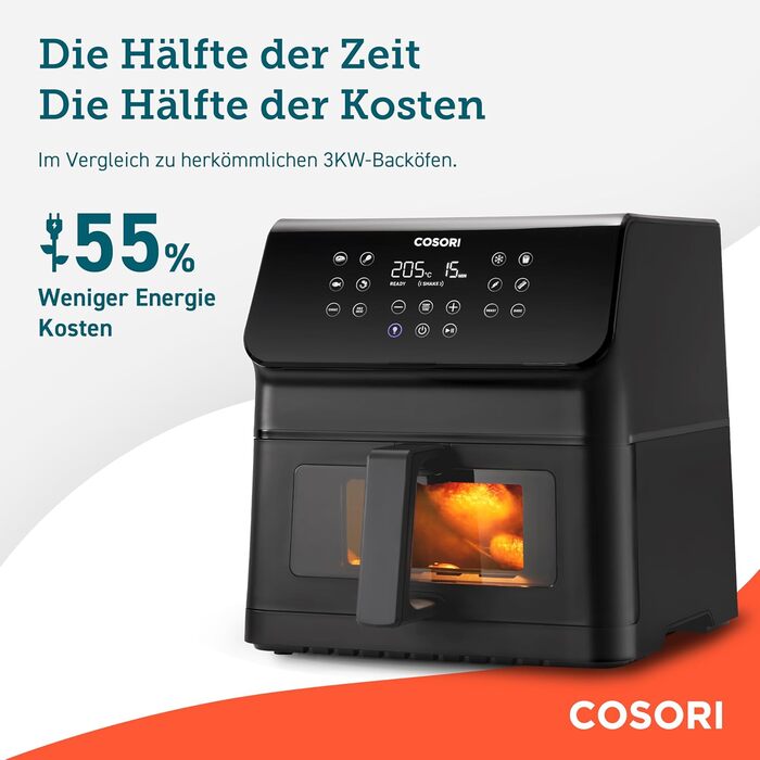 COSORI Air Fryer, 12-in-1 XXL Air Fryer 6.2L, Hot Air Fryer with Viewing Window & Shake Reminder, 80 Recipes, 55 Percent Energy Saving, Dishwasher-Safe Baskets Black Clear Blaze
