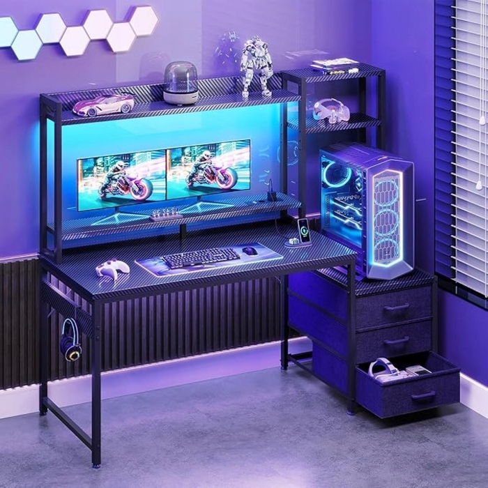 Ігровий стіл з шухлядами, полицею, розетками та LED-підсвіткою, 120x48 см